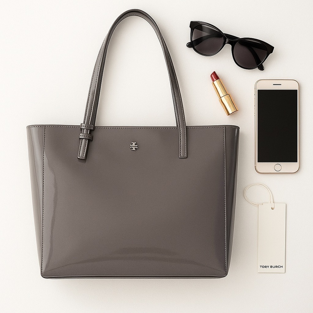 NWT Tory Burch Emerson Patent Leather Tote Bag in Grey – Sleek & Professional - Picture 14 of 14